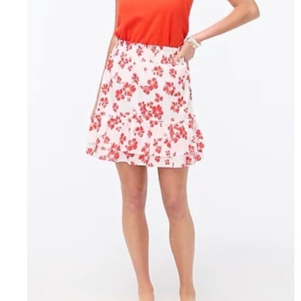 J. Crew Ruffle Smocked-Waist Mini Skirt in White Bright Cerise Red Floral Size L